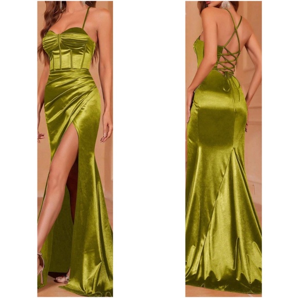 Luxe Emerald Green Satin Corset Lace up Ruched Formal Party Wedding Dress - Picture 2 of 15